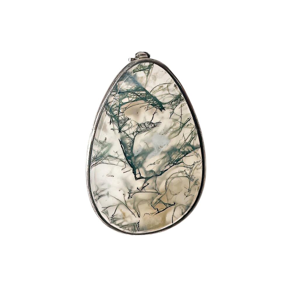 1980s Natural Green Moss Agate 835 Silver Frame Egg Shape Made in Sweden Pin